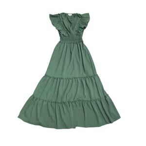 Max Studio London Green Crepe Flutter Sleeve Smoked Tiered Maxi Dress Size small